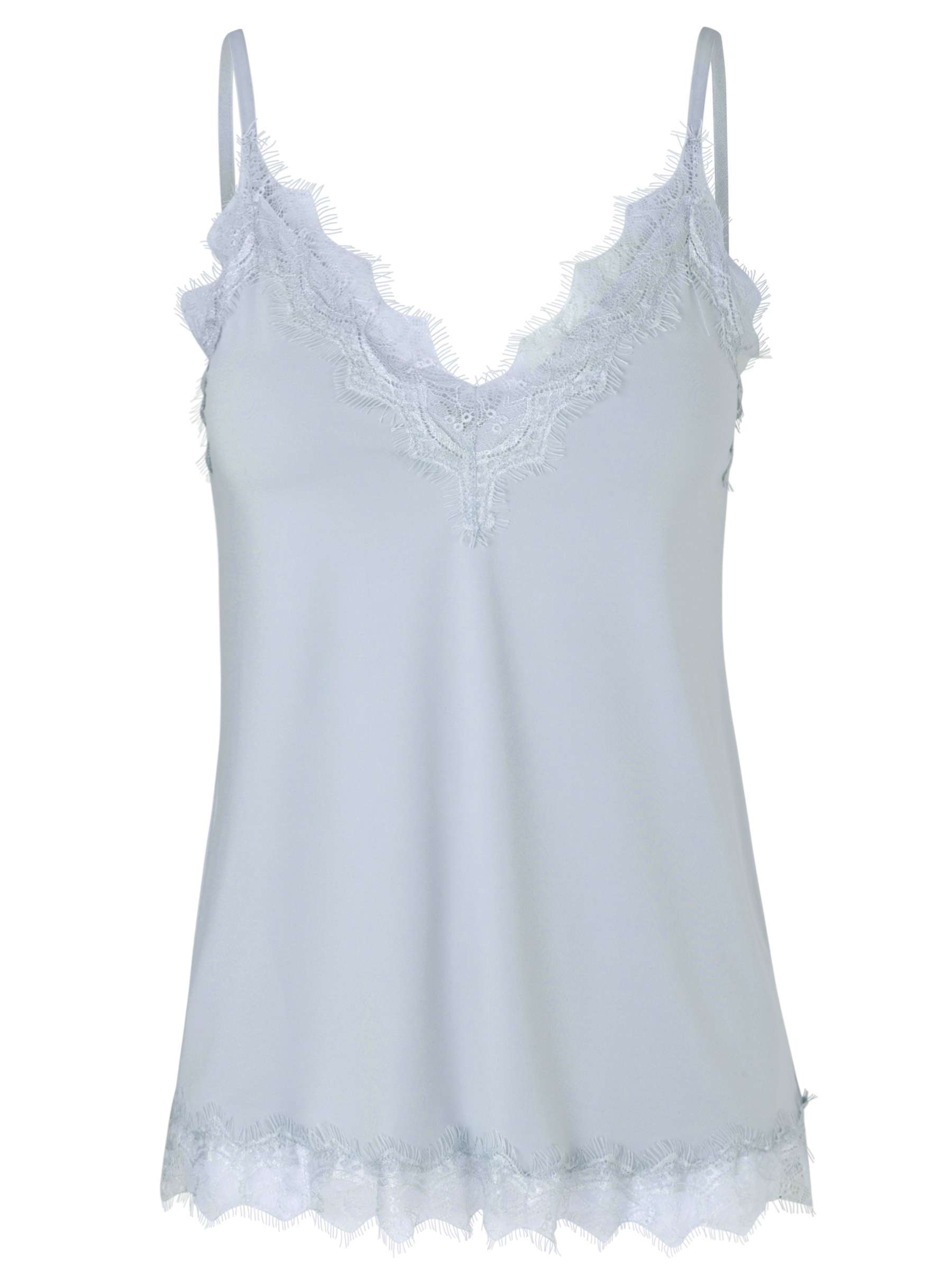 Lovely lace top with V-neck and adjustable straps. The popular top is designed with an elegant lace around the neckline and at the hem. Wear it underneath a shirt or a blazer for a classy and feminine look.