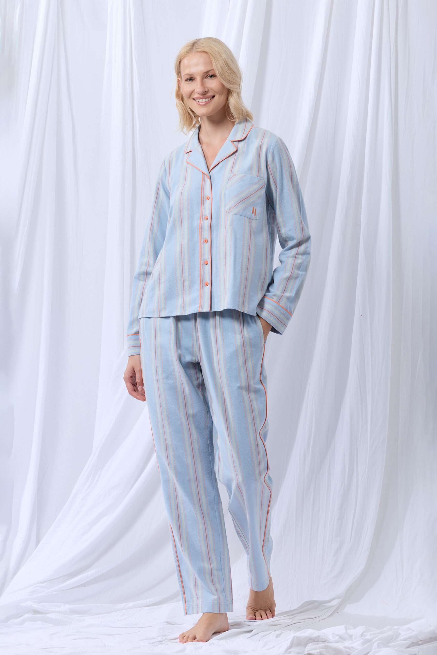 Lords x Lilies Dames Pyjama, flanel streep lichtbl
