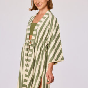 Woody Dames badjas, streep groen creme