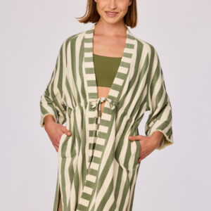 Woody Dames badjas, streep groen creme