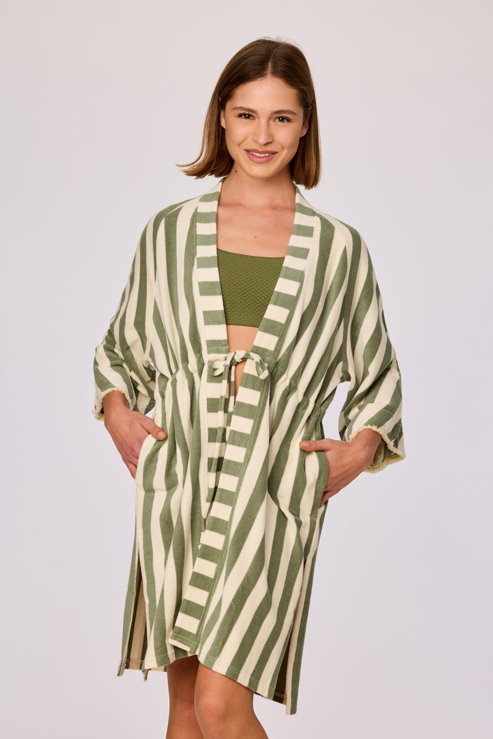 Woody Dames badjas, streep groen creme