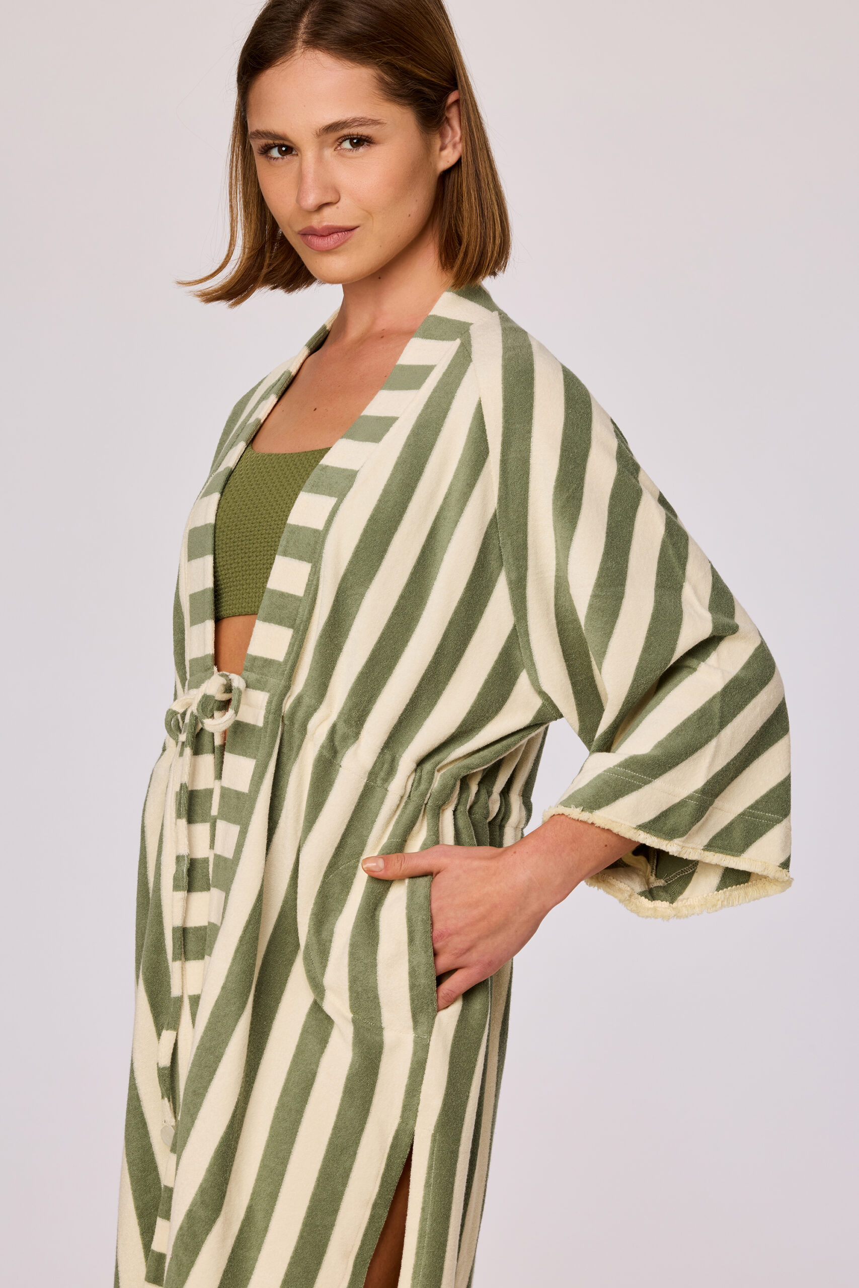 Woody Dames badjas, streep groen creme